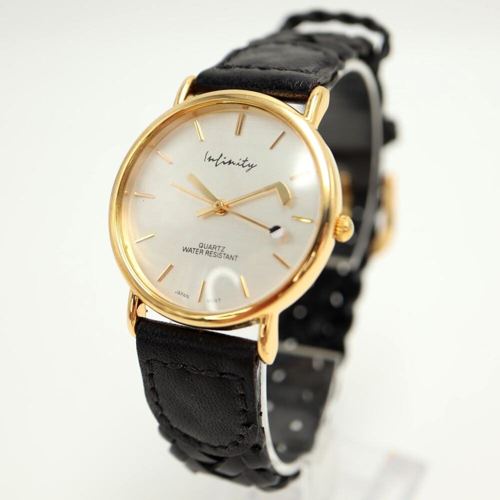 Vintage Infinity Gold Tone Gold 36mm Watch Club Ball Black Leather w New Battery